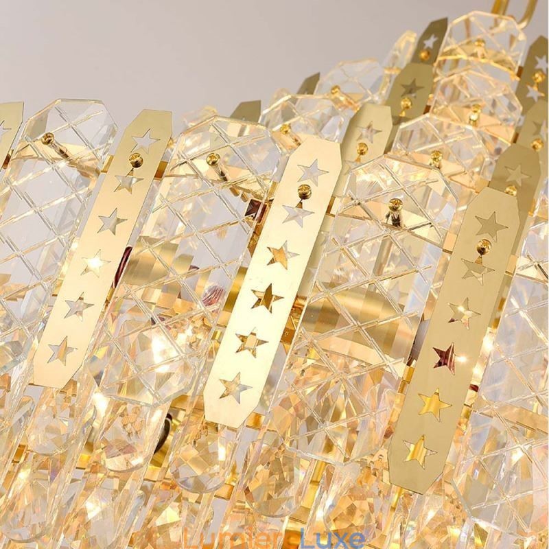 Suspension en cristal au 4e étage, plafonnier décoratif de luxe avec feuille de fer creuse dorée
