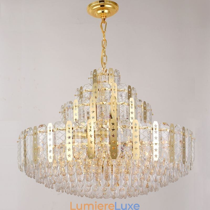 Suspension en cristal au 4e étage, plafonnier décoratif de luxe avec feuille de fer creuse dorée