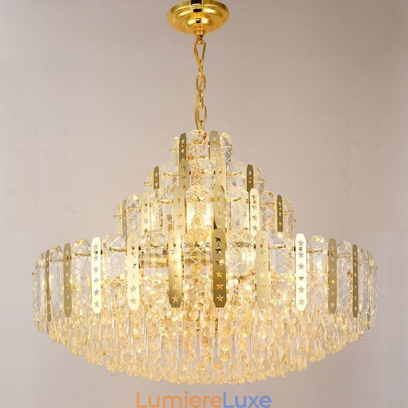 Suspension en cristal au 4e étage, plafonnier décoratif de luxe avec feuille de fer creuse dorée