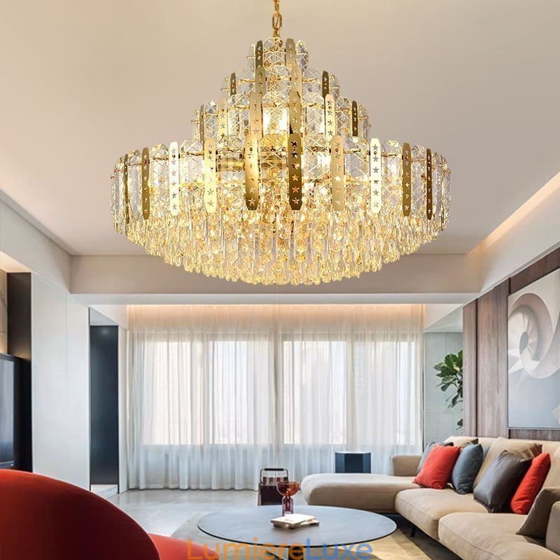 Suspension en cristal au 4e étage, plafonnier décoratif de luxe avec feuille de fer creuse dorée
