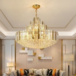 Suspension en cristal au 4e étage, plafonnier décoratif de luxe avec feuille de fer creuse dorée