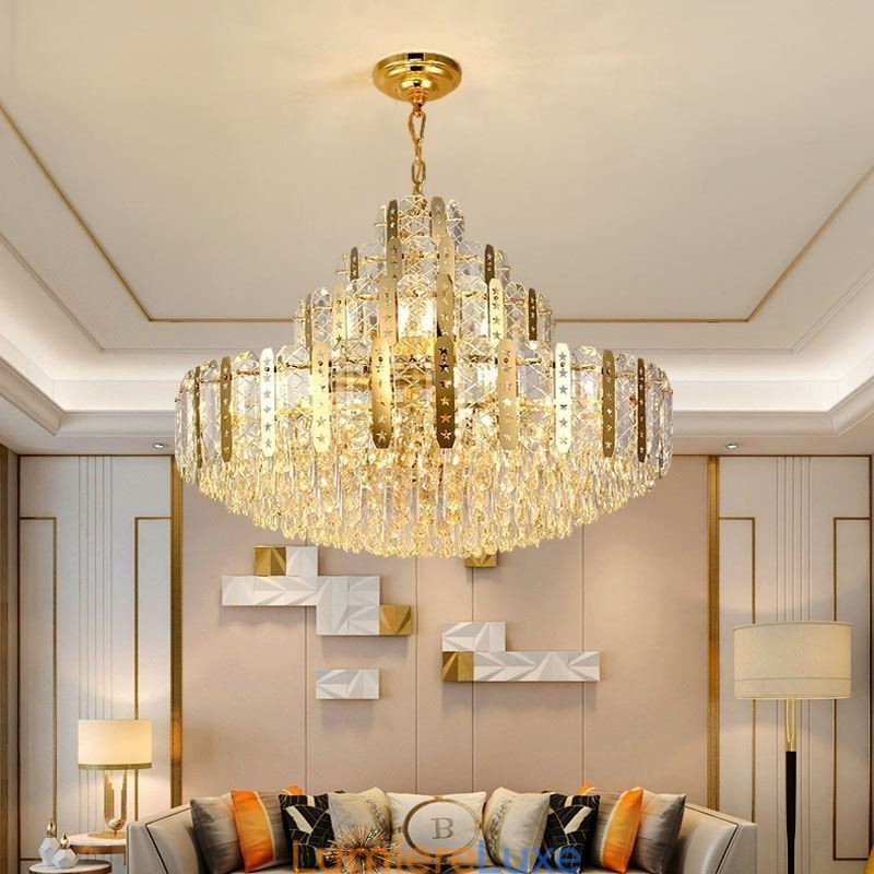 Suspension en cristal au 4e étage, plafonnier décoratif de luxe avec feuille de fer creuse dorée
