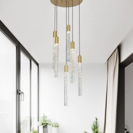 Suspension en cuivre et cristal, colonne et plafonnier