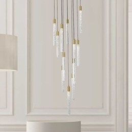 Suspension en cuivre et cristal, colonne et plafonnier