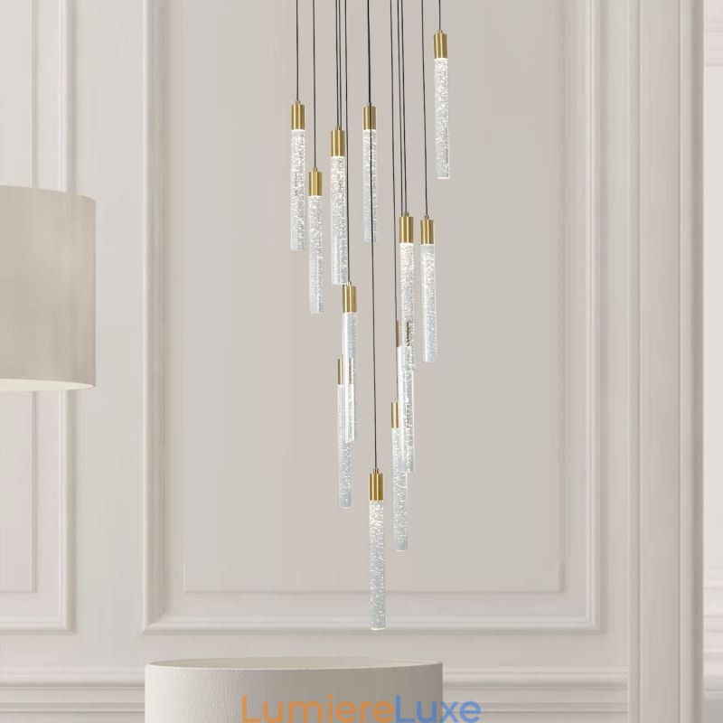 Suspension en cuivre et cristal, colonne et plafonnier