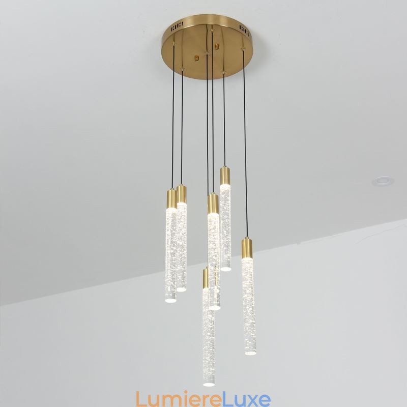 Suspension en cuivre et cristal, colonne et plafonnier