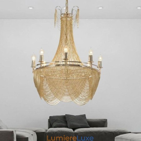 Suspension à chaîne en aluminium, luminaire créatif, luxueux, décoratif, doré et argenté Suspension à chaîne en aluminium, luminaire créatif, luxueux, décoratif, doré et argenté