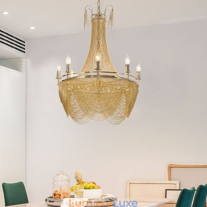 Suspension à chaîne en aluminium, luminaire créatif, luxueux, décoratif, doré et argenté