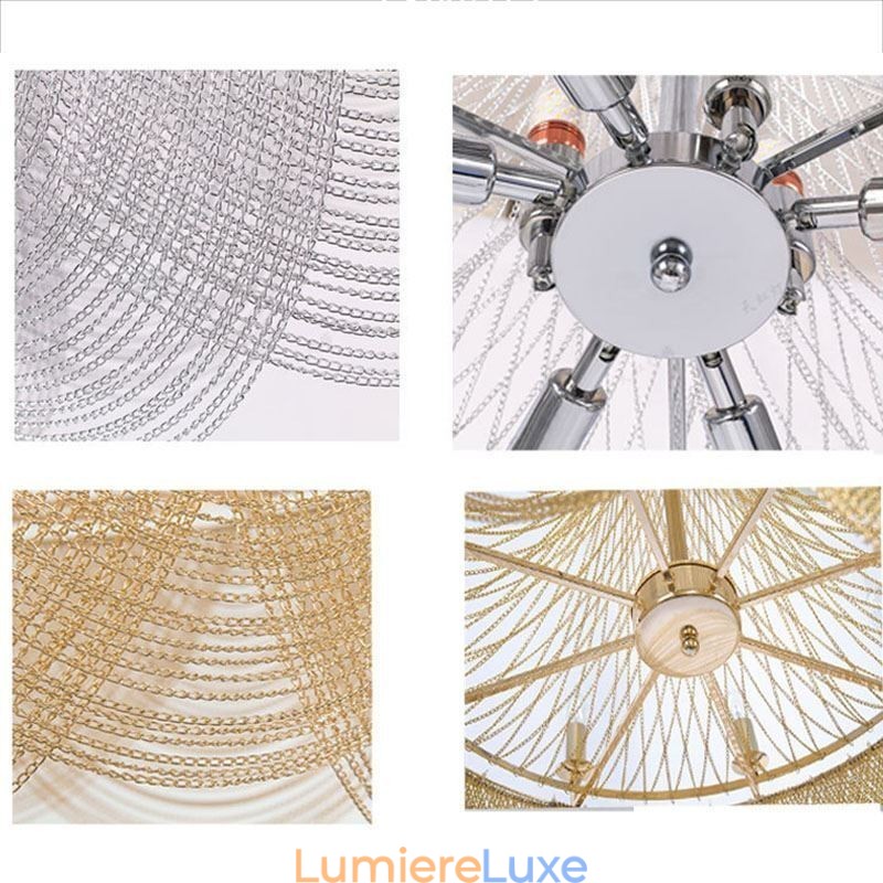 Suspension à chaîne en aluminium, luminaire créatif, luxueux, décoratif, doré et argenté