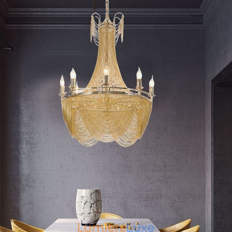 Suspension à chaîne en aluminium, luminaire créatif, luxueux, décoratif, doré et argenté