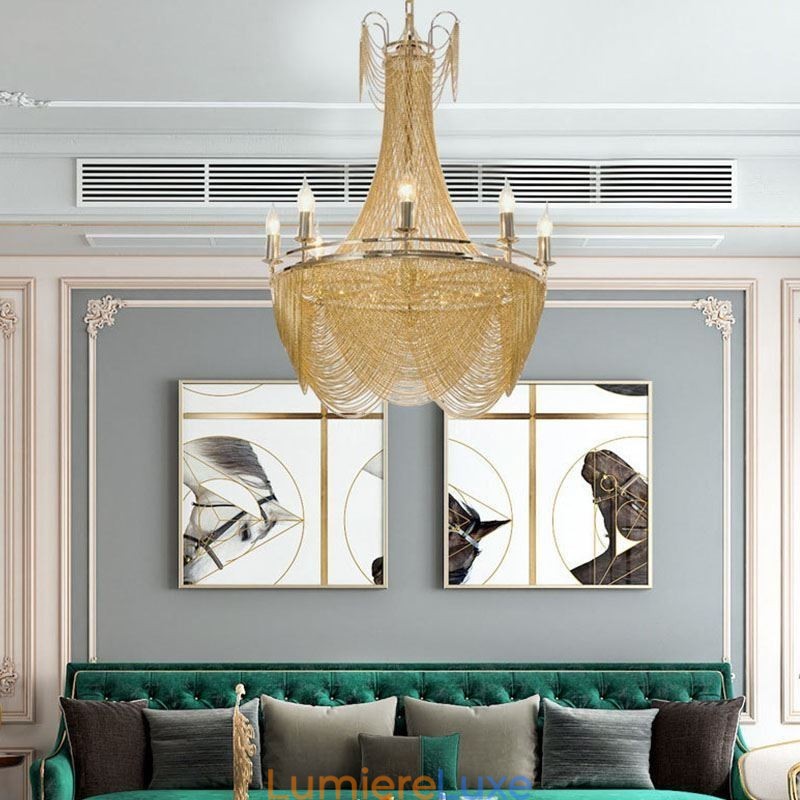 Suspension à chaîne en aluminium, luminaire créatif, luxueux, décoratif, doré et argenté