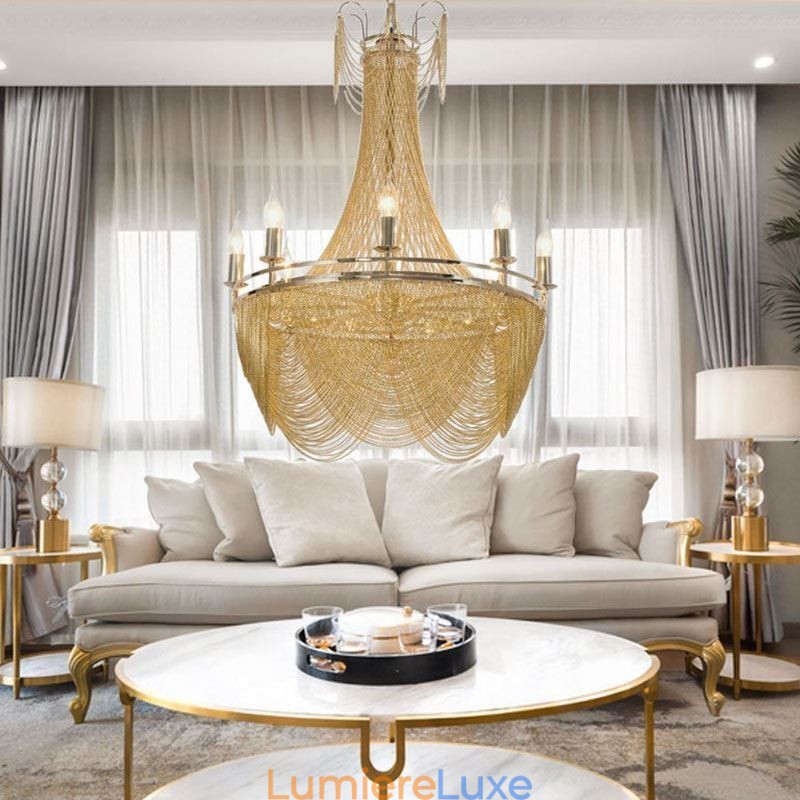 Suspension à chaîne en aluminium, luminaire créatif, luxueux, décoratif, doré et argenté