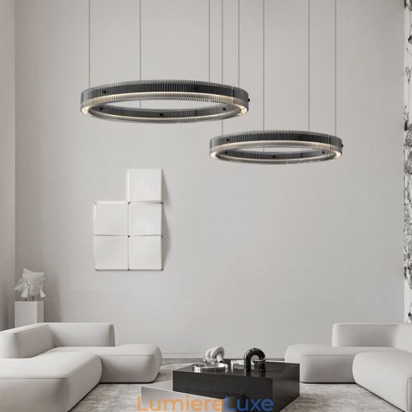 Suspension 60+80 cm, double cercle en verre, intensité variable en continu, avec télécommande Suspension 60+80 cm, double cercle en verre, intensité variable en continu, avec télécommande