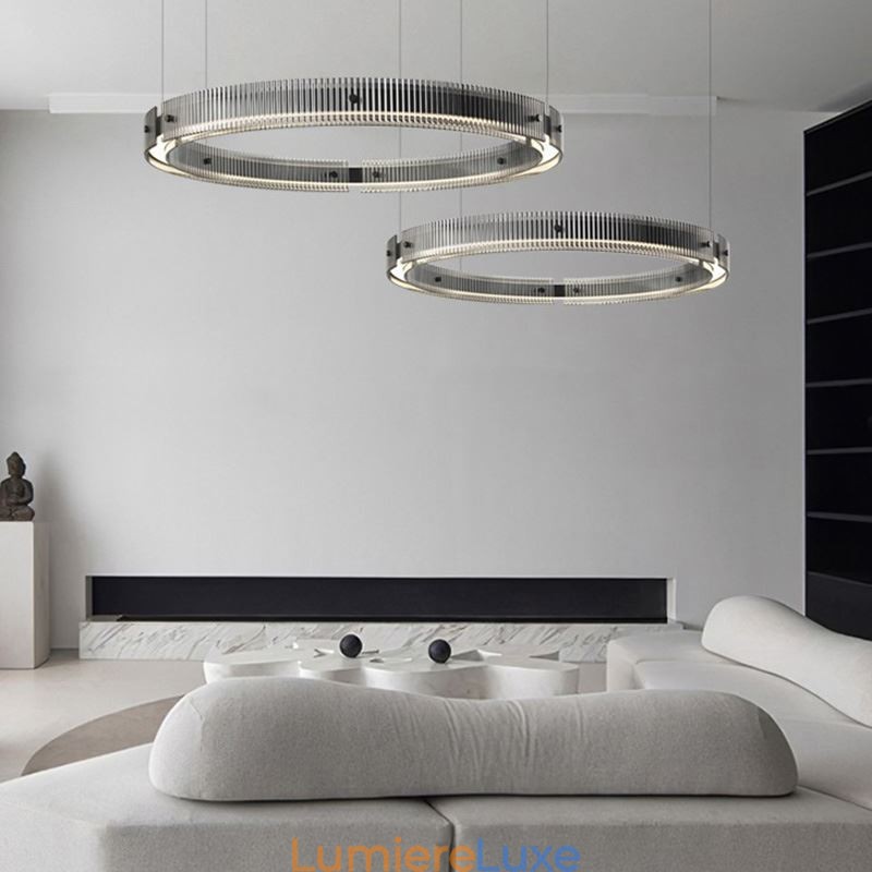 Suspension 60+80 cm, double cercle en verre, intensité variable en continu, avec télécommande