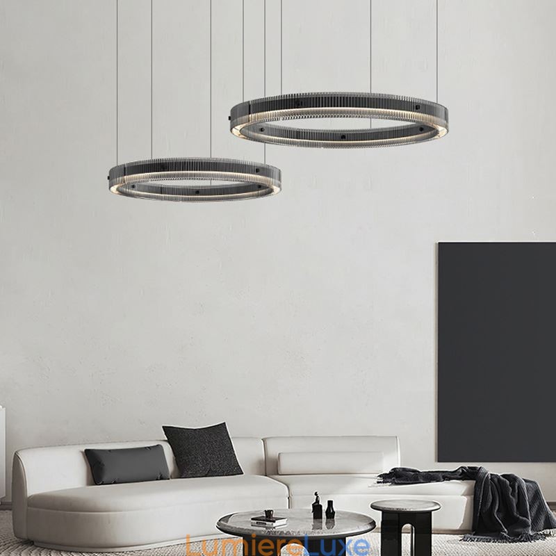 Suspension 60+80 cm, double cercle en verre, intensité variable en continu, avec télécommande