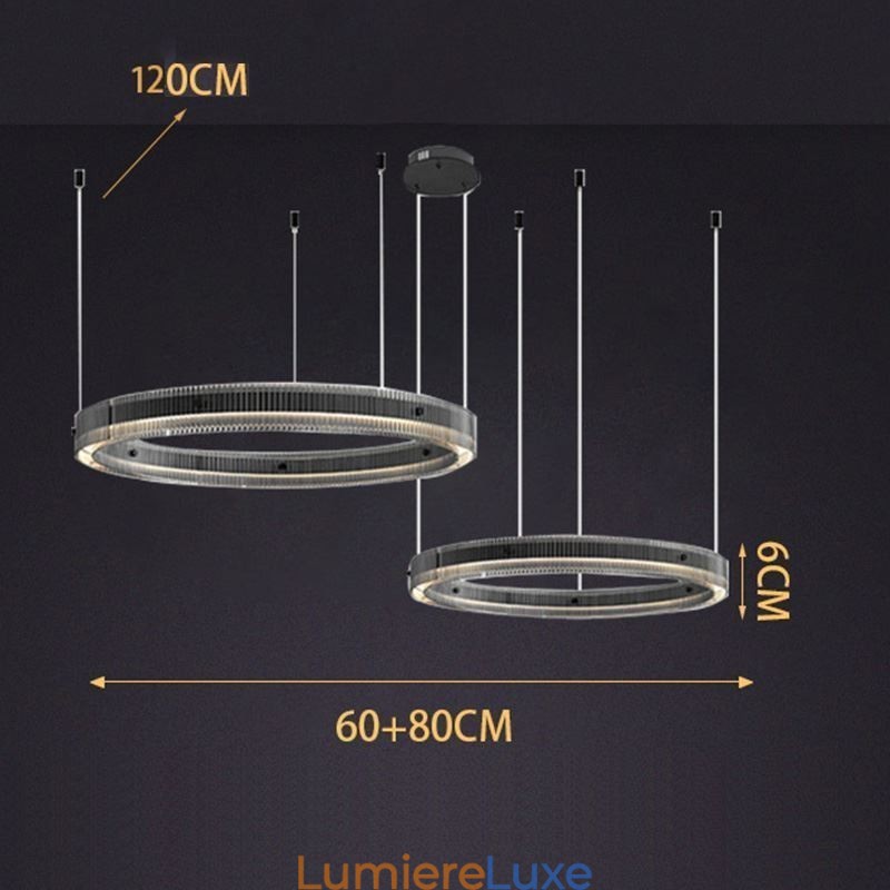 Suspension 60+80 cm, double cercle en verre, intensité variable en continu, avec télécommande