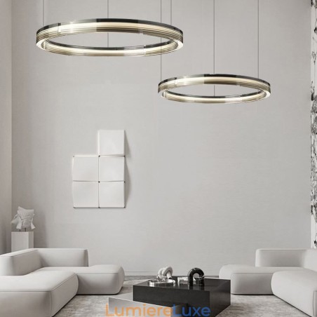Plafonnier en verre 60 + 80 cm, décoration circulaire, suspension double cercle, intensité variable trichromatique Plafonnier en verre 60 + 80 cm, décoration circulaire, suspension double cercle, intensité variable trichromatique