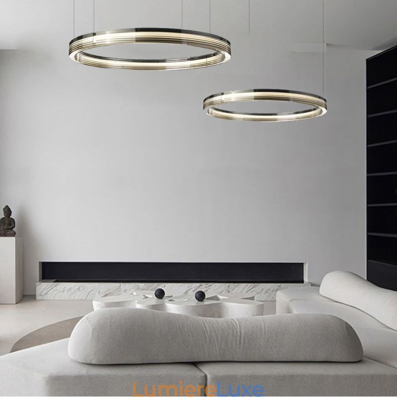 Plafonnier en verre 60 + 80 cm, décoration circulaire, suspension double cercle, intensité variable trichromatique