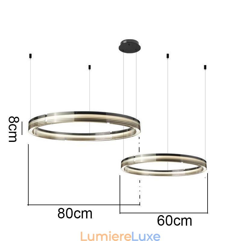 Plafonnier en verre 60 + 80 cm, décoration circulaire, suspension double cercle, intensité variable trichromatique