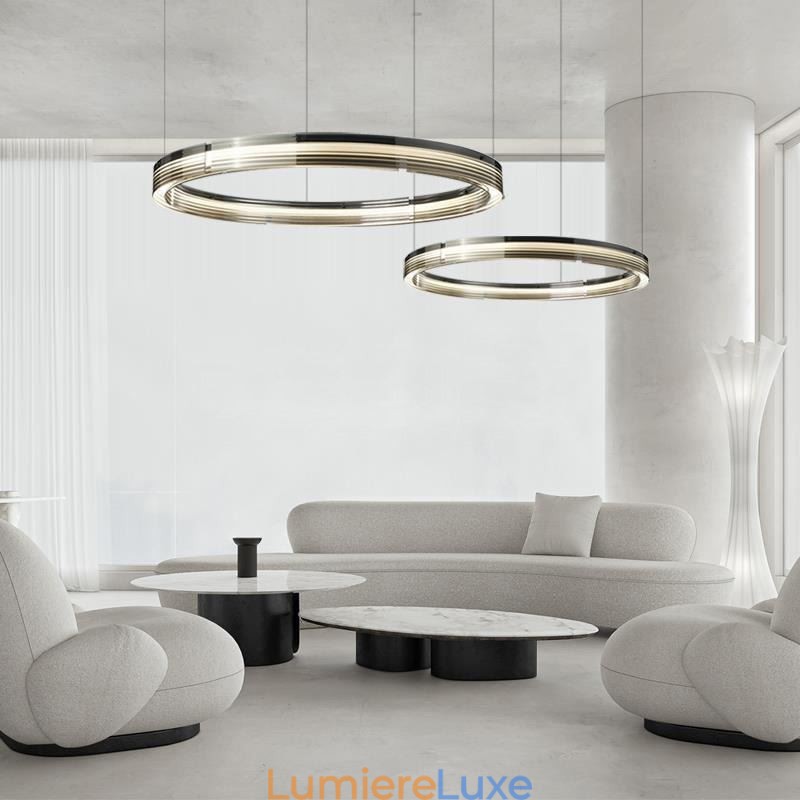 Plafonnier en verre 60 + 80 cm, décoration circulaire, suspension double cercle, intensité variable trichromatique