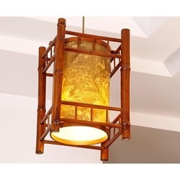 Lustre rétro en bois et bambou avec lanterne