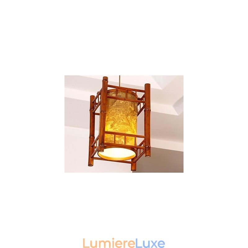 Lustre rétro en bois et bambou avec lanterne