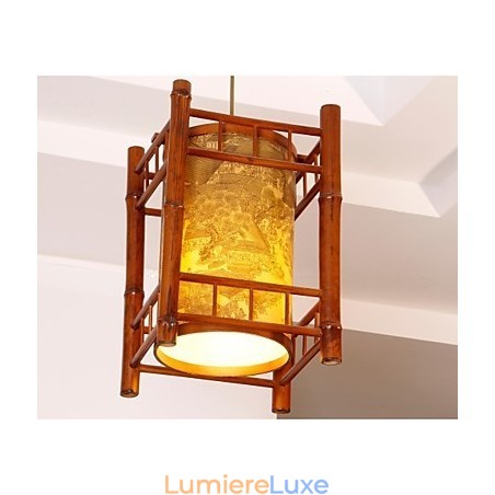 Lustre rétro en bois et bambou avec lanterne Lustre rétro en bois et bambou avec lanterne