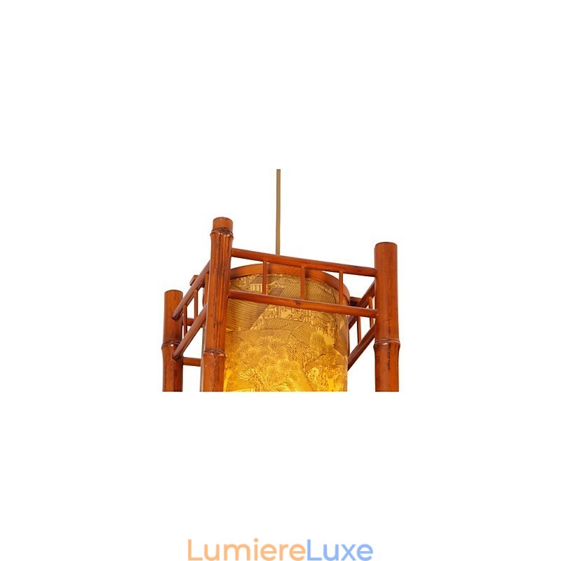 Lustre rétro en bois et bambou avec lanterne