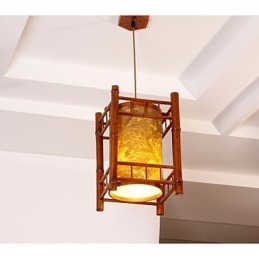 Lustre rétro en bois et bambou avec lanterne