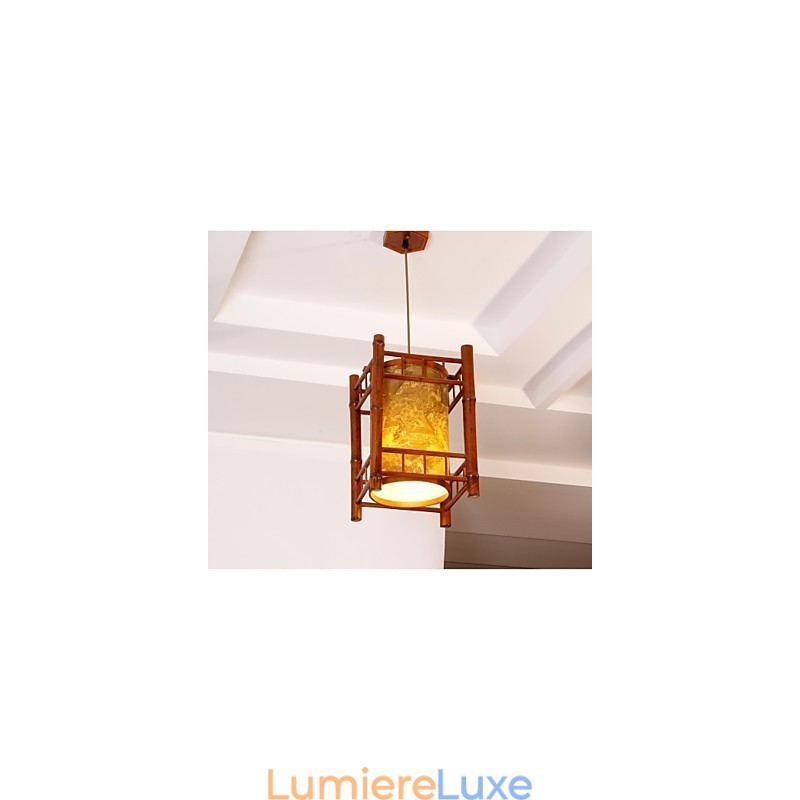Lustre rétro en bois et bambou avec lanterne