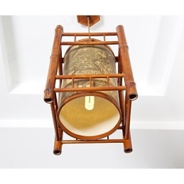 Lustre rétro en bois et bambou avec lanterne