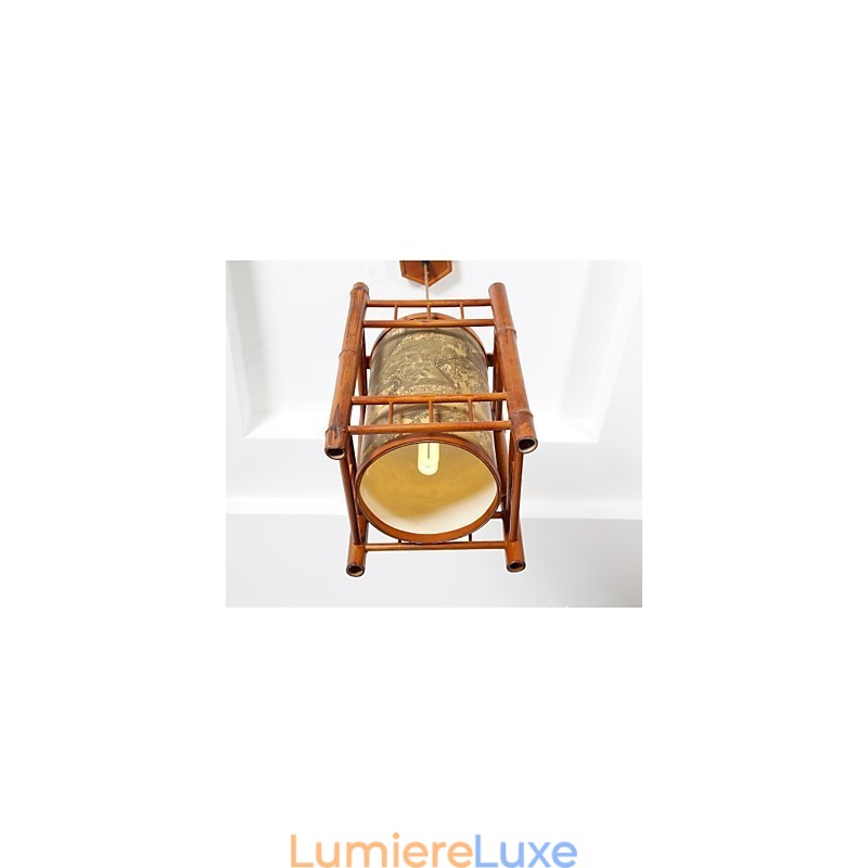 Lustre rétro en bois et bambou avec lanterne