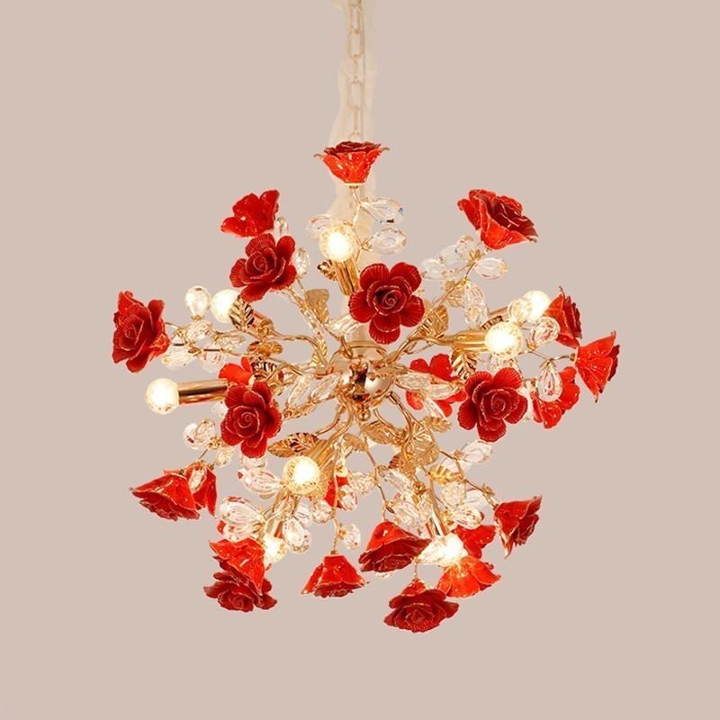 Lustre suspendu de luxe en céramique à fleurs rouges