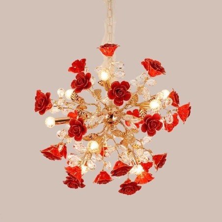 Lustre suspendu de luxe en céramique à fleurs rouges Lustre suspendu de luxe en céramique à fleurs rouges