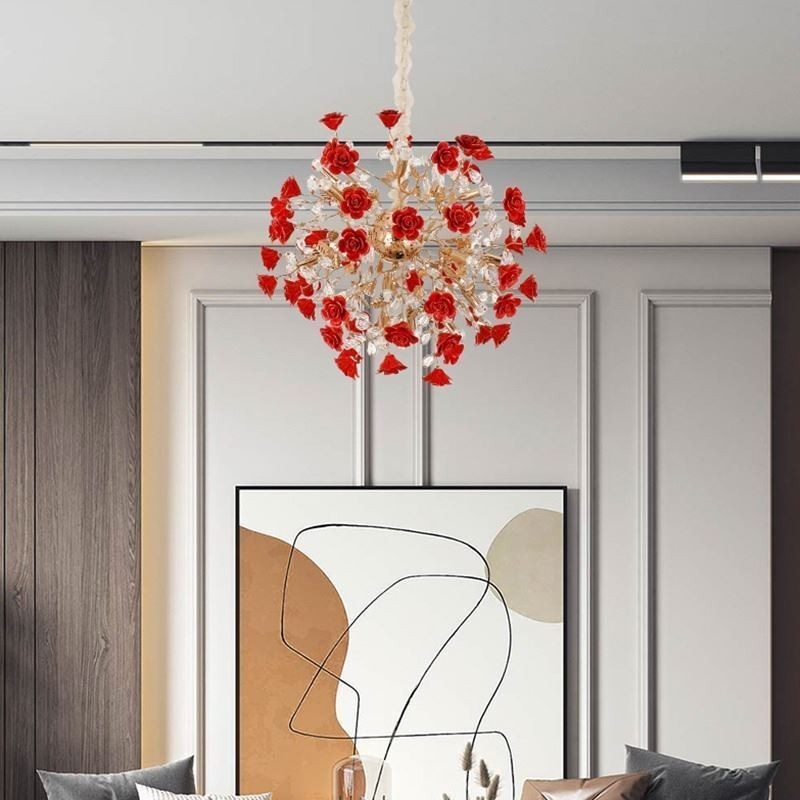 Lustre suspendu de luxe en céramique à fleurs rouges