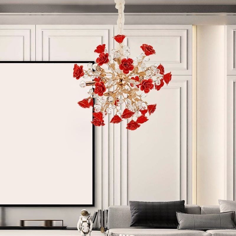 Lustre suspendu de luxe en céramique à fleurs rouges
