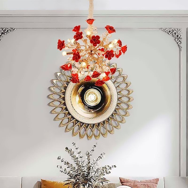 Lustre suspendu de luxe en céramique à fleurs rouges