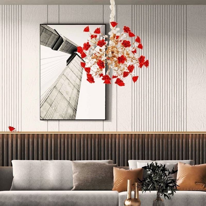 Lustre suspendu de luxe en céramique à fleurs rouges