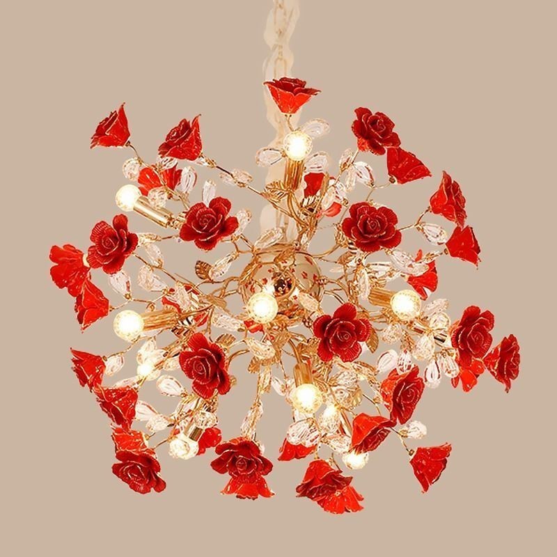 Lustre suspendu de luxe en céramique à fleurs rouges