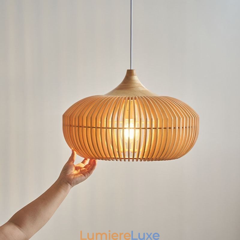 Lustre suspendu en forme de citrouille avec cadre en bois