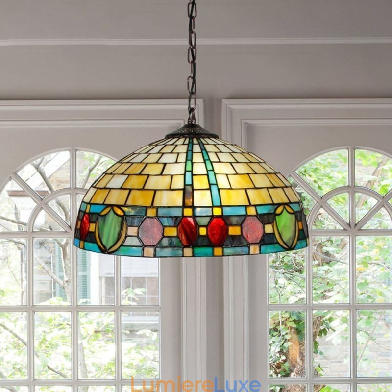 Lampe suspendue vintage en vitrail