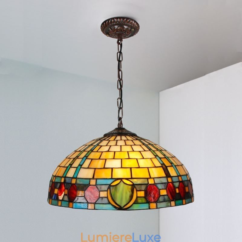 Lampe suspendue vintage en vitrail