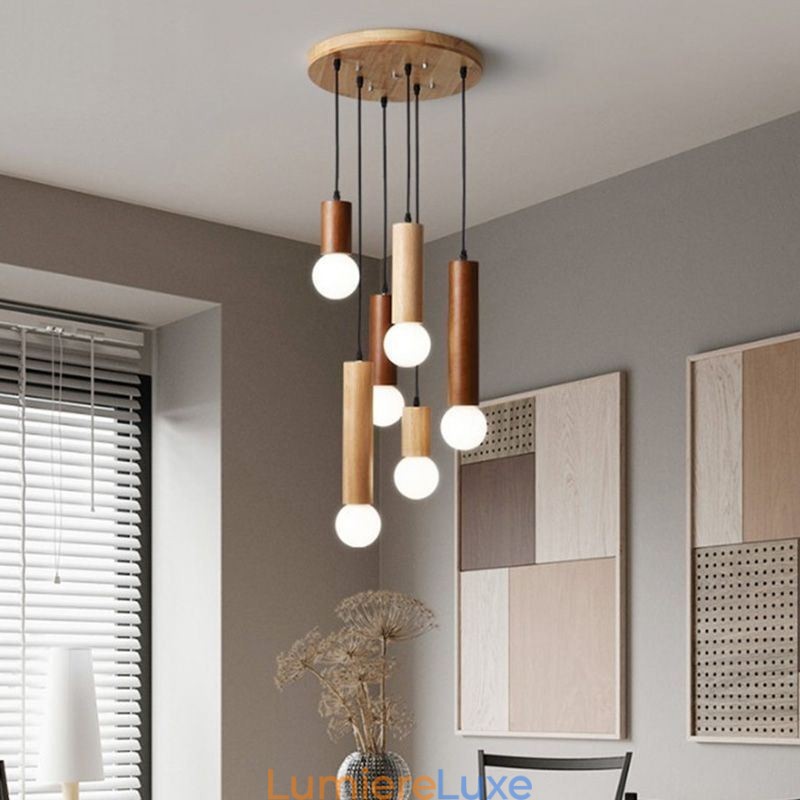 Suspension japonaise en bois à 6 lumières