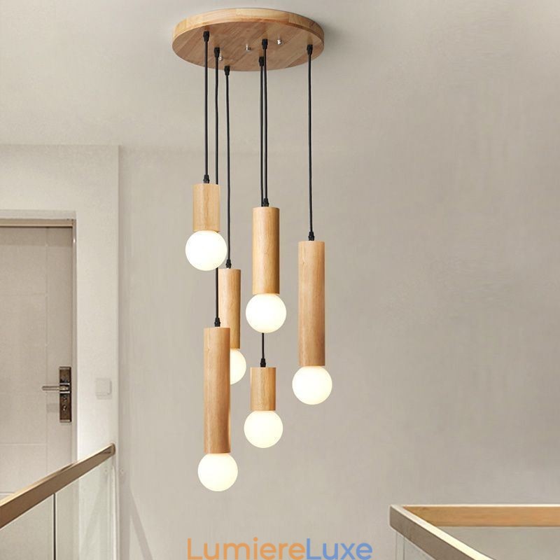 Suspension japonaise en bois à 6 lumières