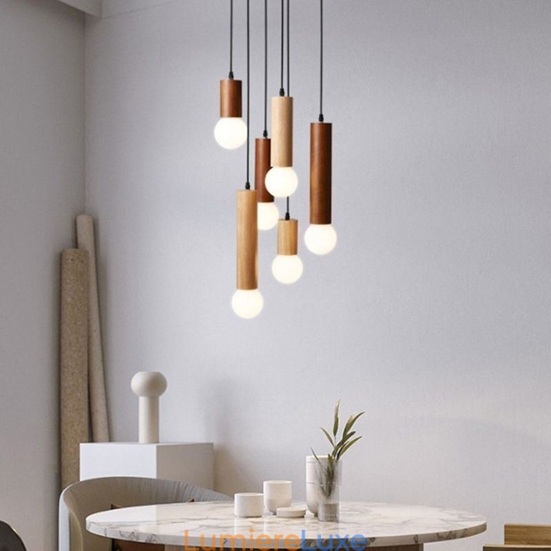 Suspension japonaise en bois à 6 lumières