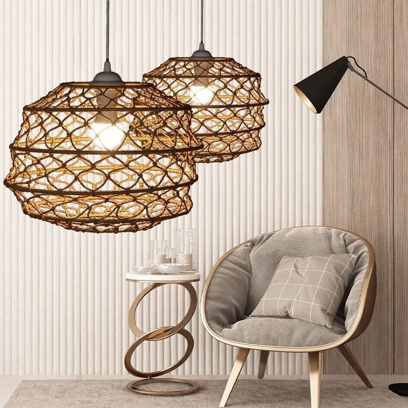 Suspension pastorale moderne, suspension créative en rotin avec abat-jour pliable