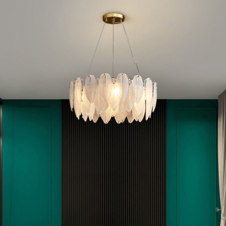 Lustre en verre artistique à plumes, suspension ronde Lustre en verre artistique à plumes, suspension ronde