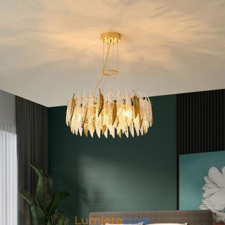 Lustre en verre artistique, plafonnier rond en plumes Lustre en verre artistique, plafonnier rond en plumes