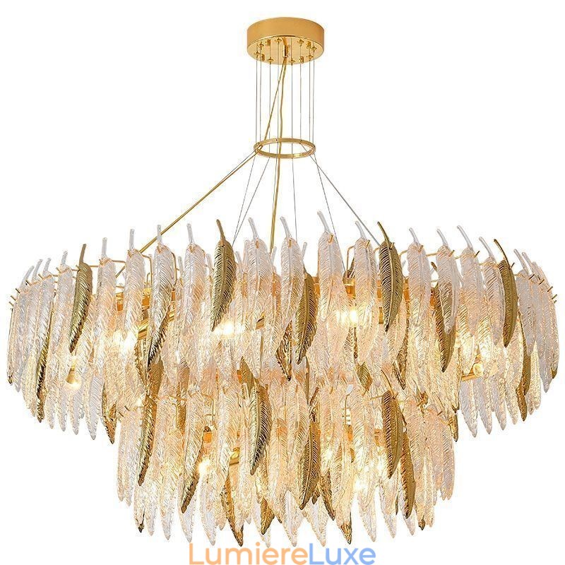 Lustre en verre artistique, plafonnier rond en plumes