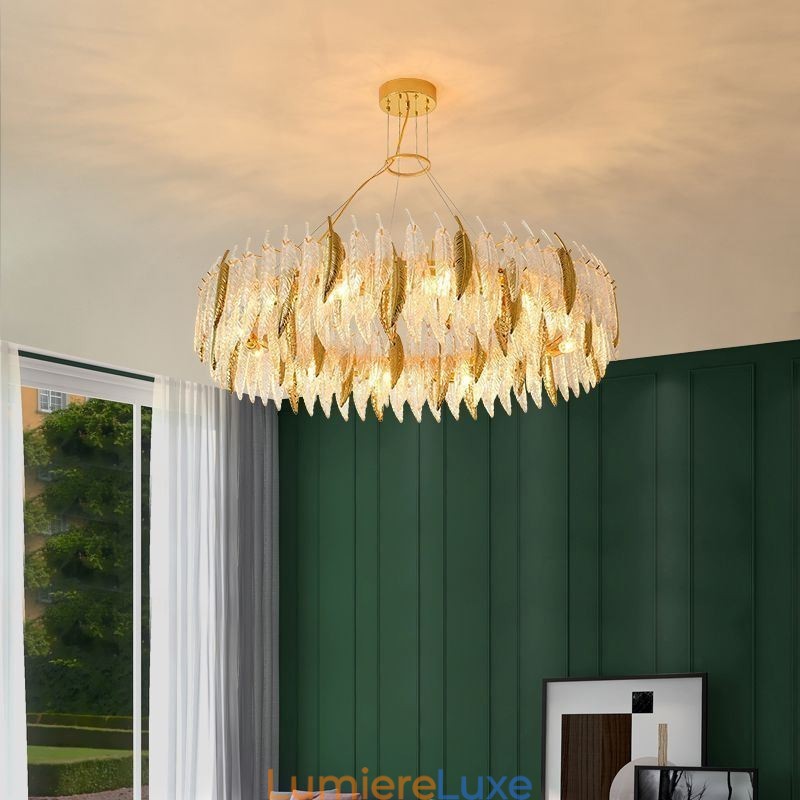 Lustre en verre artistique, plafonnier rond en plumes